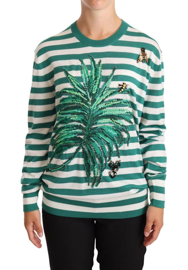 Dolce & Gabbana Green Banana Leaf Applique Crystal Sweater - Ellie Belle