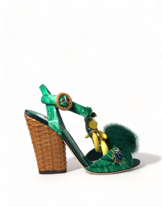 Dolce & Gabbana Green Banana Leaf Embellished T-Strap Sandals Shoes - Ellie Belle