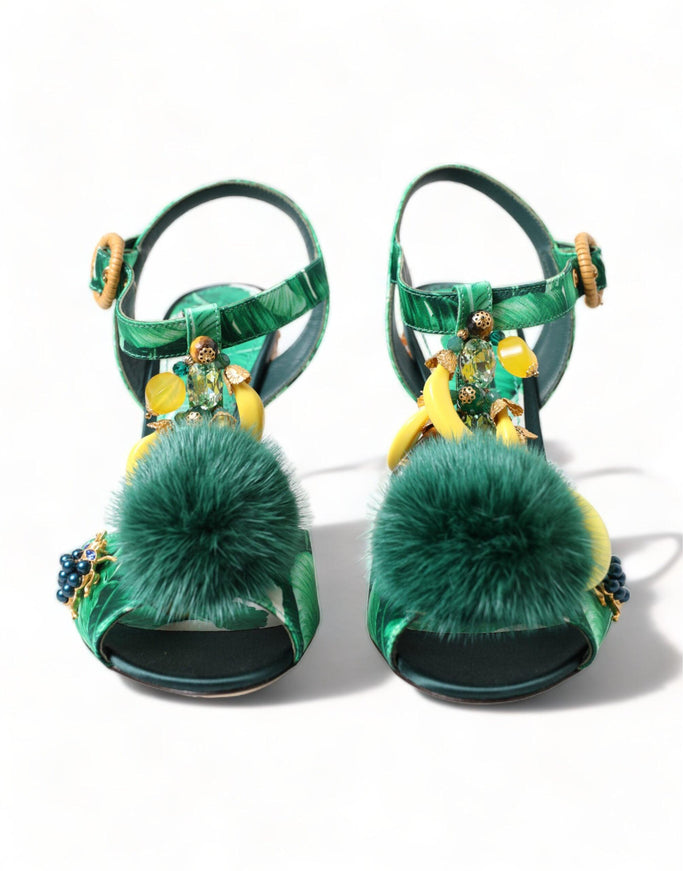 Dolce & Gabbana Green Banana Leaf Embellished T-Strap Sandals Shoes - Ellie Belle