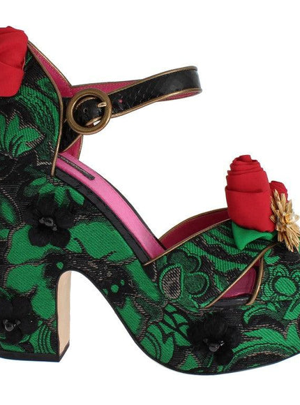 Dolce & Gabbana Green Brocade Snakeskin Roses Crystal Shoes - Ellie Belle