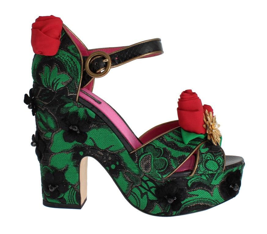 Dolce & Gabbana Green Brocade Snakeskin Roses Crystal Shoes - Ellie Belle