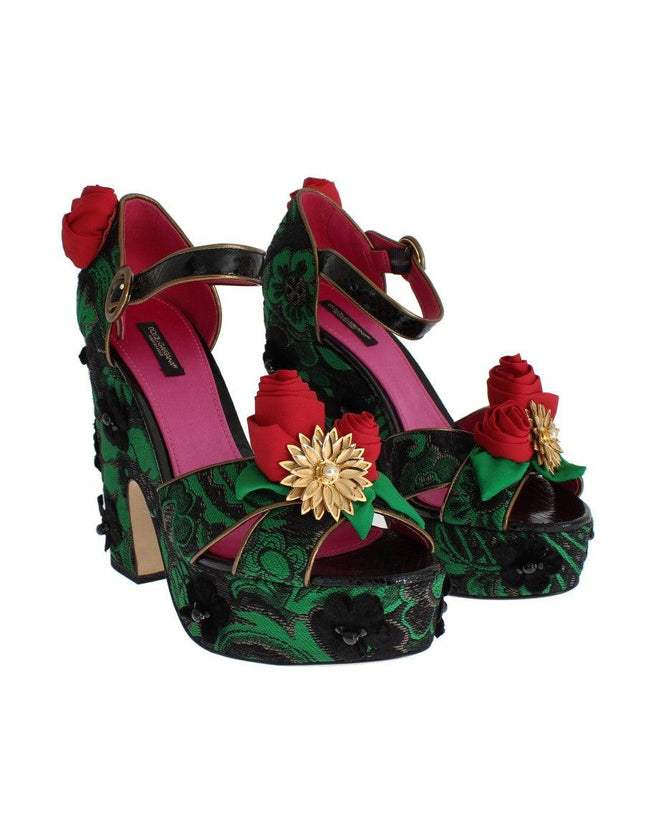 Dolce & Gabbana Green Brocade Snakeskin Roses Crystal Shoes - Ellie Belle