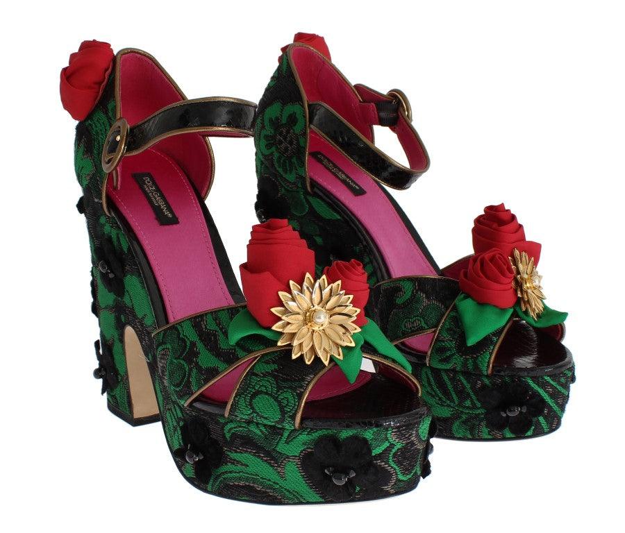 Dolce & Gabbana Green Brocade Snakeskin Roses Crystal Shoes - Ellie Belle