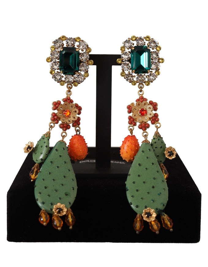 Dolce & Gabbana Green Cactus Crystal Gold Clip-on Jewelry Dangling Earrings - Ellie Belle