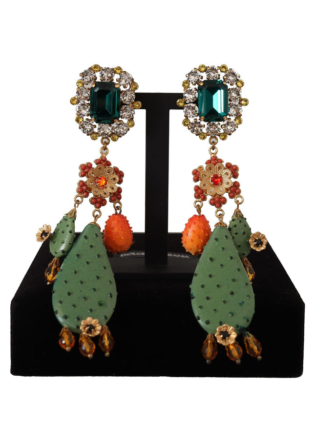 Dolce & Gabbana Green Cactus Crystal Gold Clip-on Jewelry Dangling Earrings - Ellie Belle