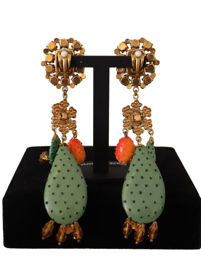 Dolce & Gabbana Green Cactus Crystal Gold Clip-on Jewelry Dangling Earrings - Ellie Belle