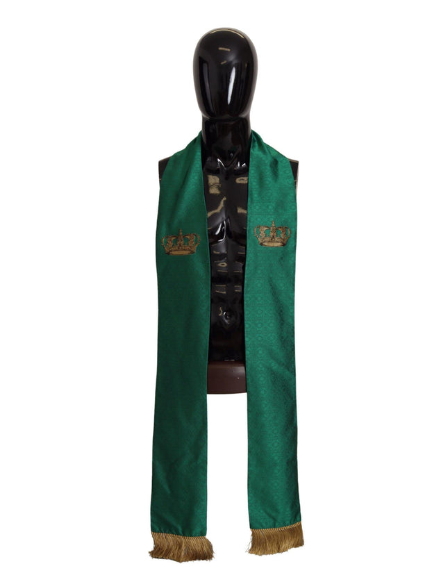 Dolce & Gabbana Green Crown Embroidered Shawl Fringe Blend Silk - Ellie Belle