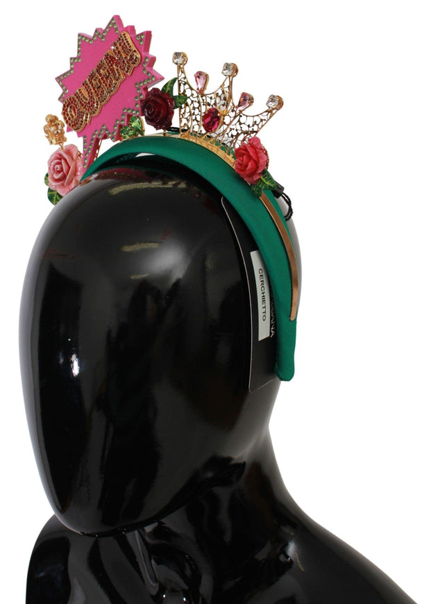 Dolce & Gabbana Green Crystal Crown Queen Roses Cartoons Diadem Headband - Ellie Belle