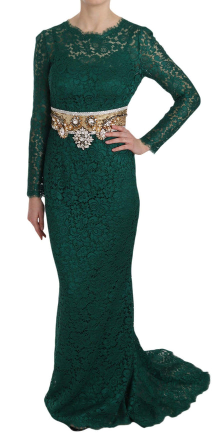 Dolce & Gabbana Green Crystal Gold Belt Lace Sheath Gown Dress