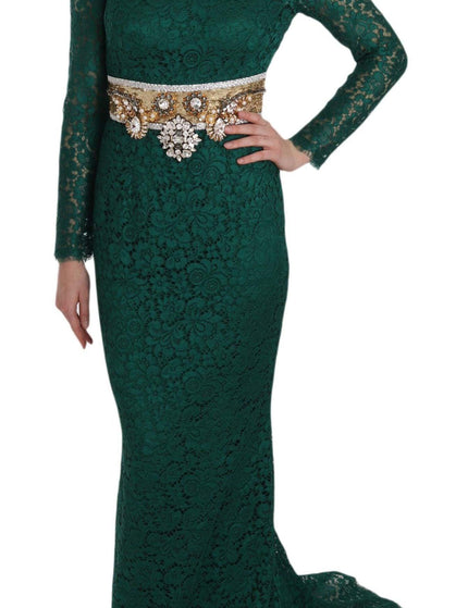 Dolce & Gabbana Green Crystal Gold Belt Lace Sheath Gown Dress - Ellie Belle