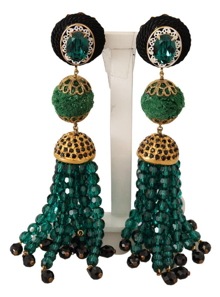 Dolce & Gabbana Green Crystals Gold Tone Drop Clip-on Dangle Earrings - Ellie Belle