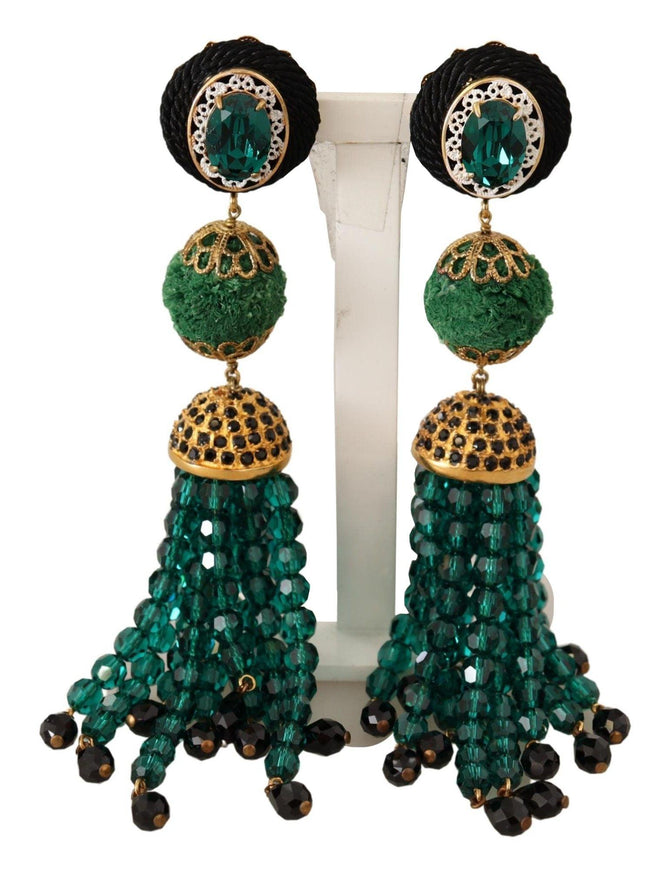 Dolce & Gabbana Green Crystals Gold Tone Drop Clip-on Dangle Earrings - Ellie Belle