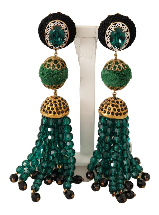 Dolce & Gabbana Green Crystals Gold Tone Drop Clip-on Dangle Earrings - Ellie Belle