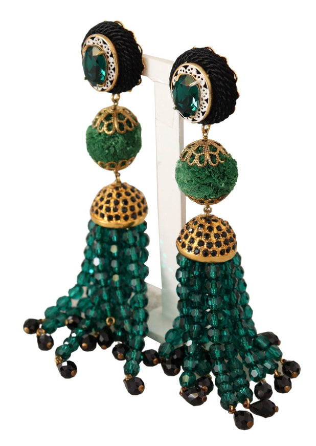 Dolce & Gabbana Green Crystals Gold Tone Drop Clip-on Dangle Earrings - Ellie Belle