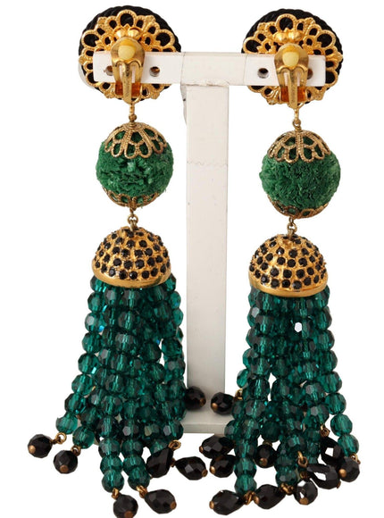 Dolce & Gabbana Green Crystals Gold Tone Drop Clip-on Dangle Earrings - Ellie Belle