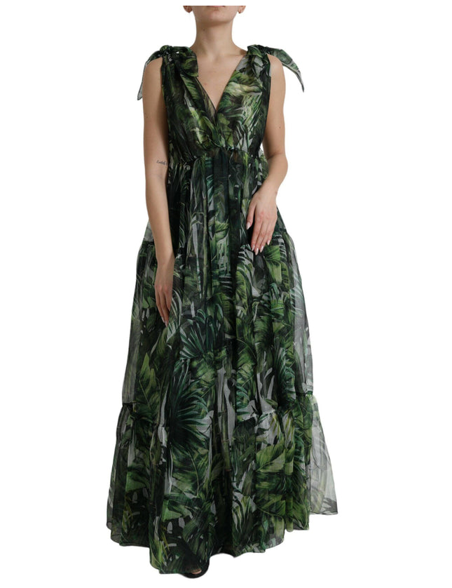 Dolce & Gabbana Green Flocked Leaf Georgette A-line Dress - Ellie Belle