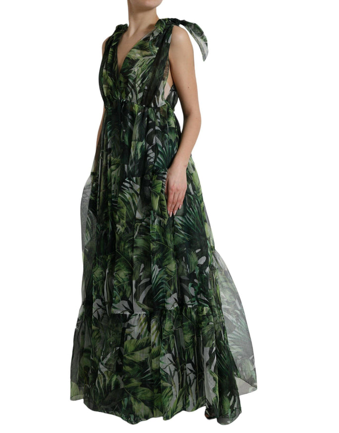 Dolce & Gabbana Green Flocked Leaf Georgette A-line Dress - Ellie Belle