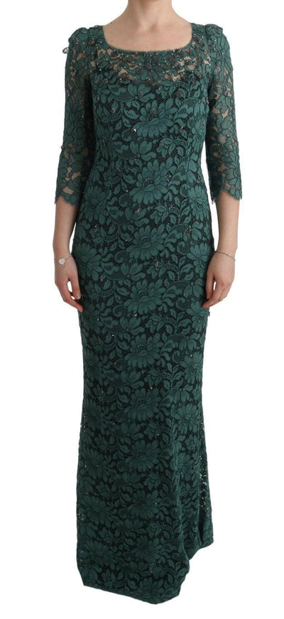 Dolce & Gabbana Green Floral Crystal Ricamo Sheath Dress