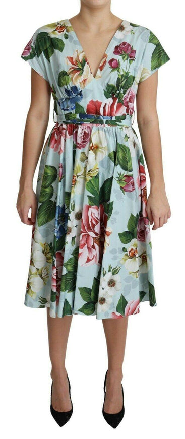 Dolce & Gabbana Green Floral Short Sleeves V-neck Dress - Ellie Belle