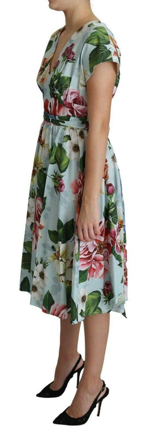 Dolce & Gabbana Green Floral Short Sleeves V-neck Dress - Ellie Belle