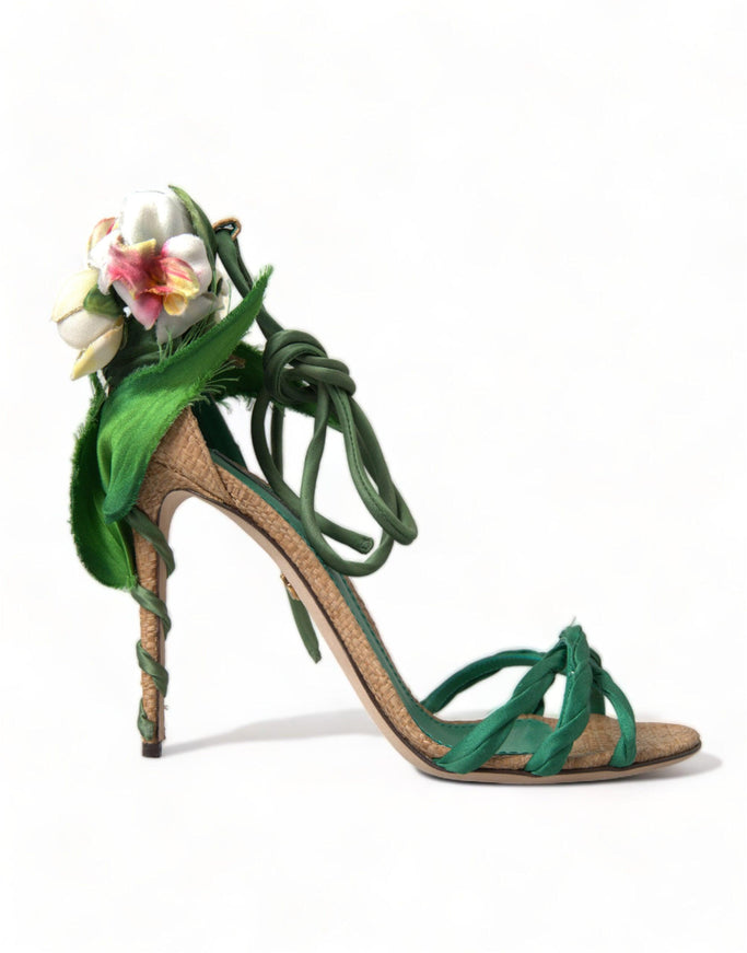 Dolce & Gabbana Green Flower Satin Heels Sandals Shoes - Ellie Belle