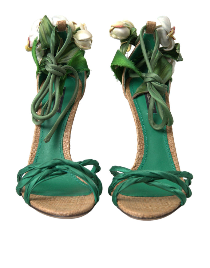 Dolce & Gabbana Green Flower Satin Heels Sandals Shoes - Ellie Belle