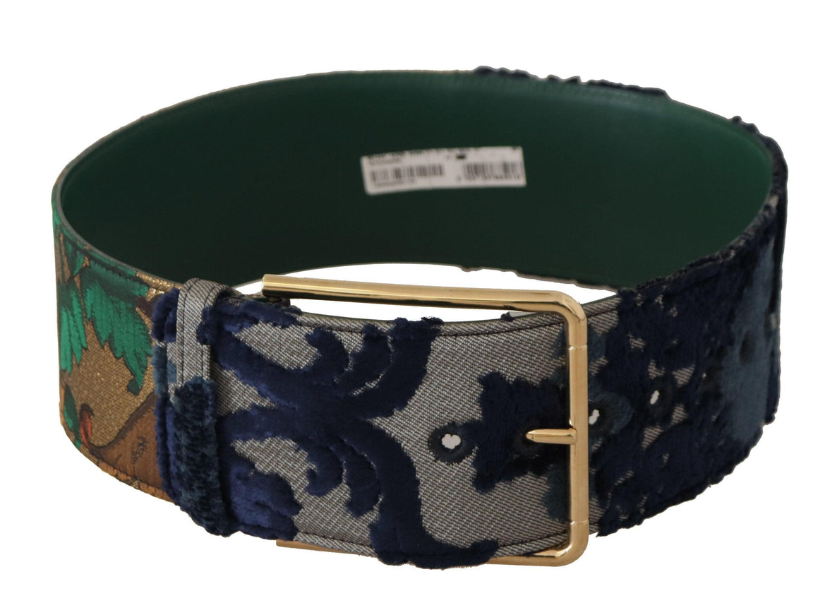 Dolce & Gabbana Green Jacquard Embroid Leather Gold Metal Buckle Belt - Ellie Belle