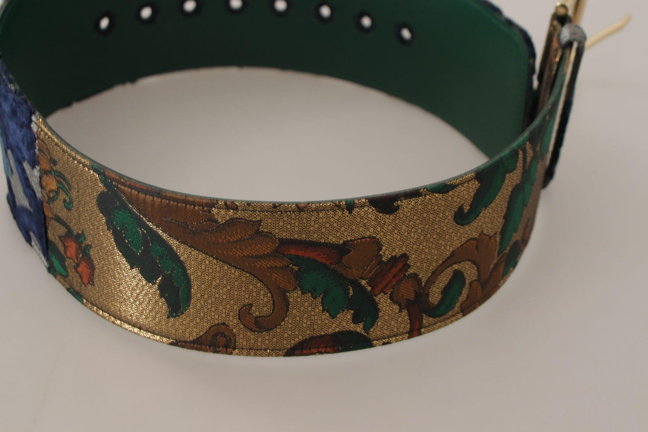 Dolce & Gabbana Green Jacquard Embroid Leather Gold Metal Buckle Belt - Ellie Belle