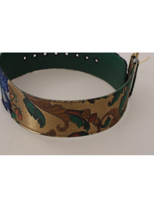Dolce & Gabbana Green Jacquard Embroid Leather Gold Metal Buckle Belt - Ellie Belle