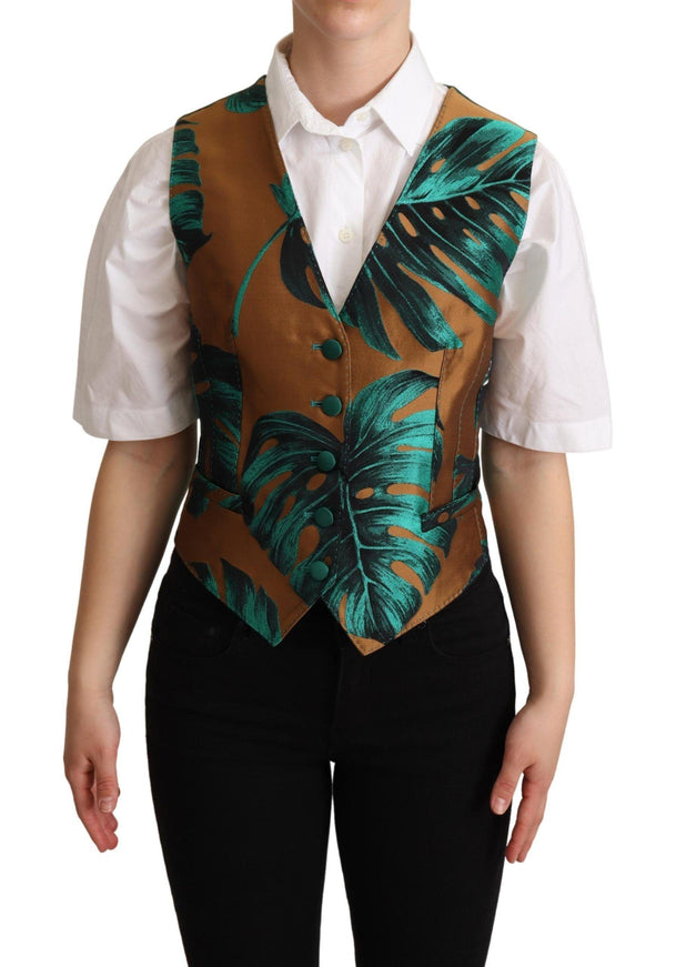 Dolce & Gabbana Green Jacquard Leaf Gold Waistcoat Vest - Ellie Belle