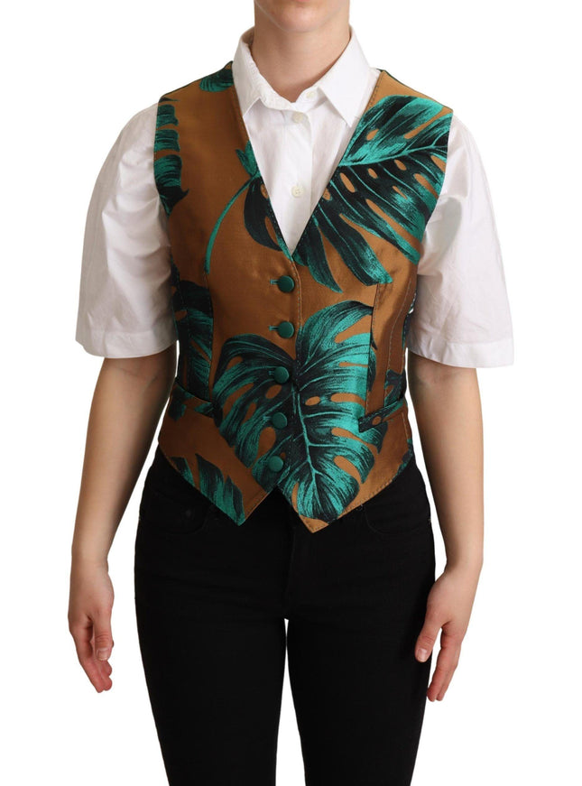 Dolce & Gabbana Green Jacquard Leaf Gold Waistcoat Vest - Ellie Belle
