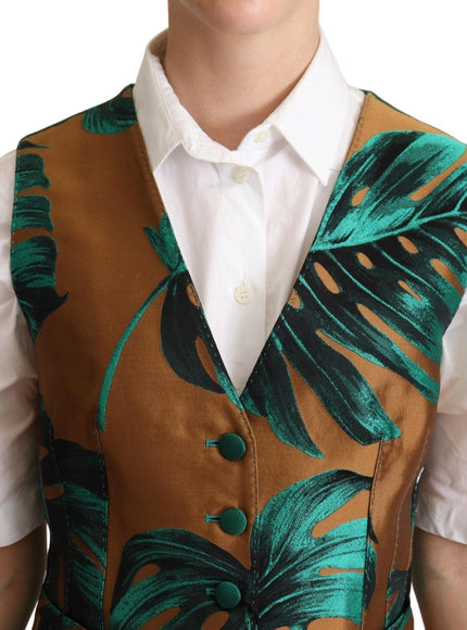 Dolce & Gabbana Green Jacquard Leaf Gold Waistcoat Vest - Ellie Belle