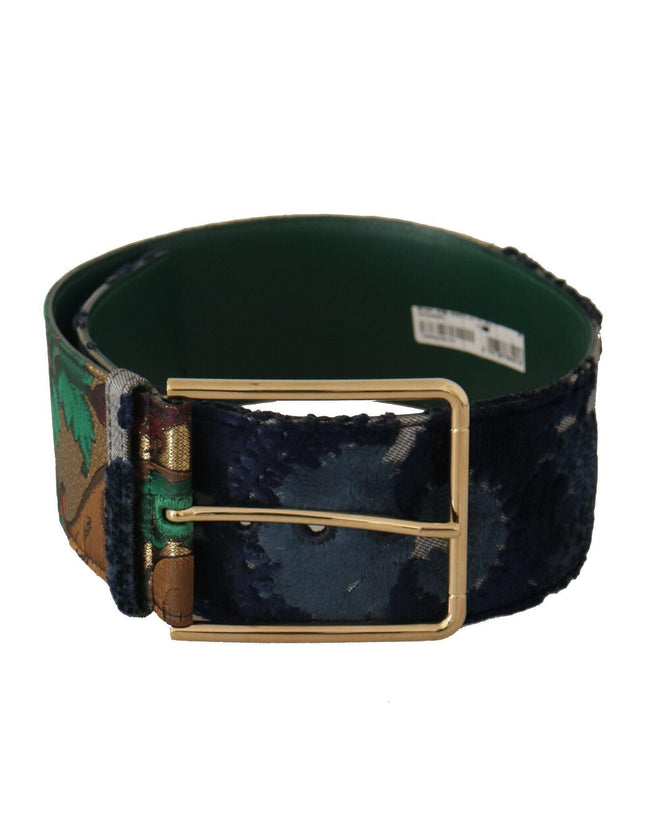 Dolce & Gabbana Green Jaquard Embroid Leather Gold Metal Belt - Ellie Belle