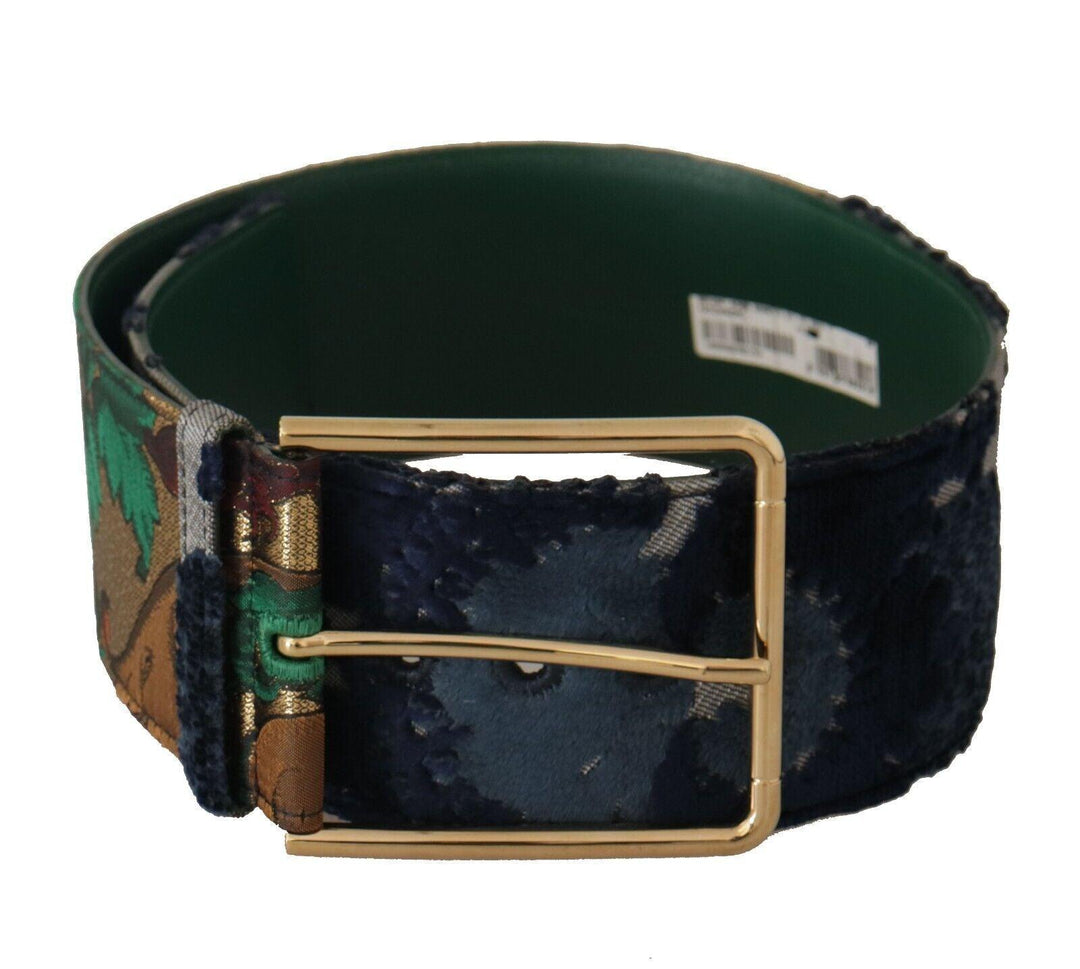 Dolce & Gabbana Green Jaquard Embroid Leather Gold Metal Belt - Ellie Belle