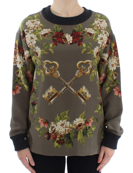 Dolce & Gabbana Green Key Floral Print Silk Sweater