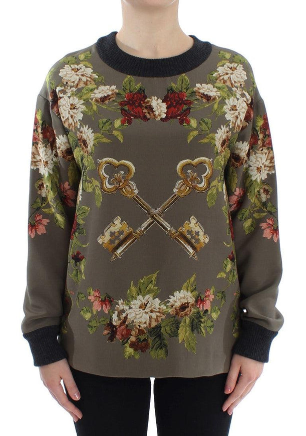 Dolce & Gabbana Green Key Floral Print Silk Sweater