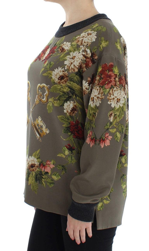 Dolce & Gabbana Green Key Floral Print Silk Sweater