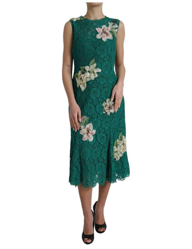 Dolce & Gabbana Green Lace Floral Applique Aline Midi Dress - Ellie Belle
