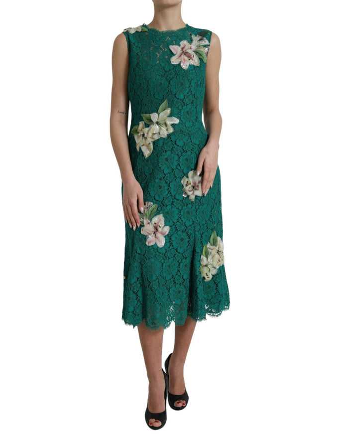 Dolce & Gabbana Green Lace Floral Applique Aline Midi Dress - Ellie Belle