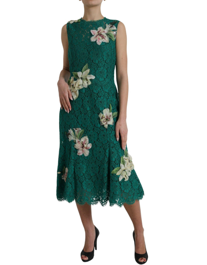 Dolce & Gabbana Green Lace Floral Applique Aline Midi Dress - Ellie Belle