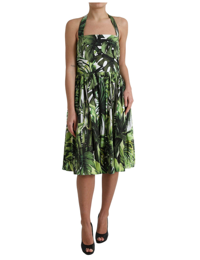 Dolce & Gabbana Green Leaf Print Cotton Halter Midi Dress - Ellie Belle