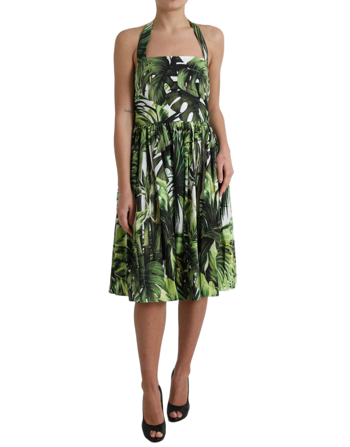 Dolce & Gabbana Green Leaf Print Cotton Halter Midi Dress - Ellie Belle