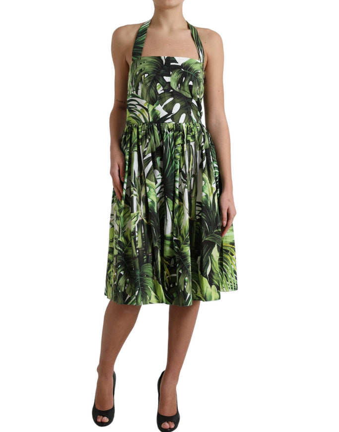 Dolce & Gabbana Green Leaf Print Cotton Halter Midi Dress - Ellie Belle