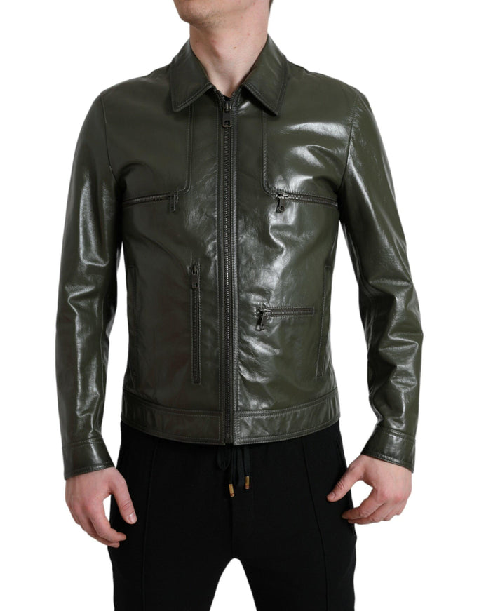 Dolce & Gabbana Green Leather Collared Biker Full Zip Jacket - Ellie Belle