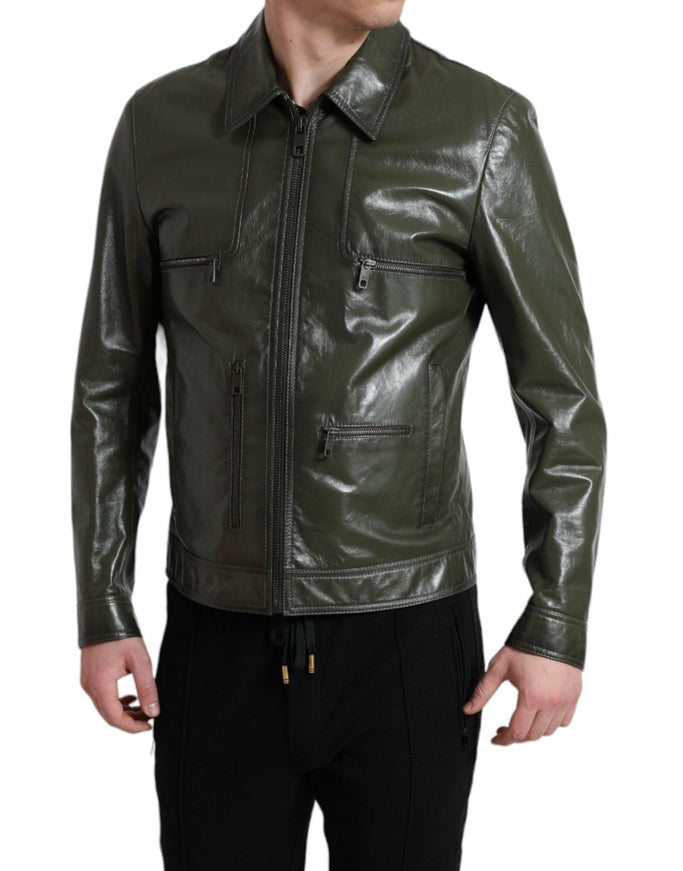 Dolce & Gabbana Green Leather Collared Biker Full Zip Jacket - Ellie Belle