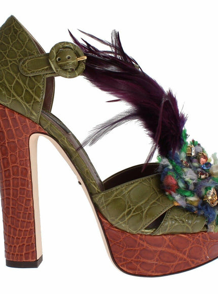 Dolce & Gabbana Green Leather Crystal Platform Sandal Shoes