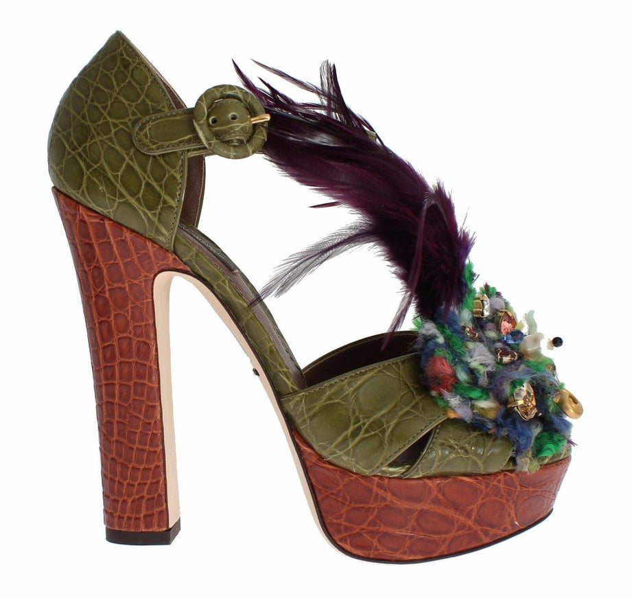 Dolce & Gabbana Green Leather Crystal Platform Sandal Shoes - Ellie Belle