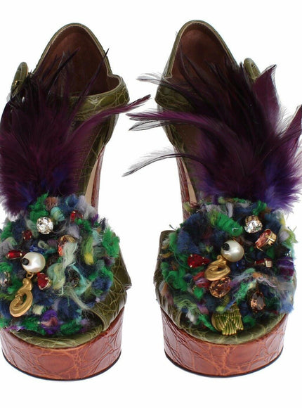 Dolce & Gabbana Green Leather Crystal Platform Sandal Shoes