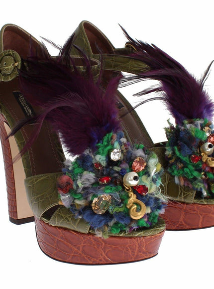 Dolce & Gabbana Green Leather Crystal Platform Sandal Shoes