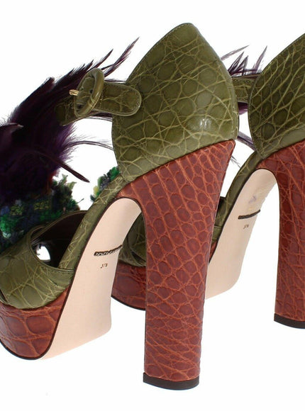 Dolce & Gabbana Green Leather Crystal Platform Sandal Shoes